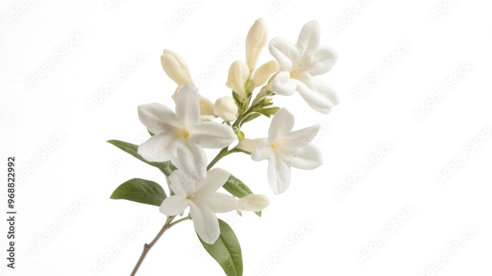 A delicate branch of white flowers with green leaves against a light background. A delicate branch of white flowers with green leaves against a light background.