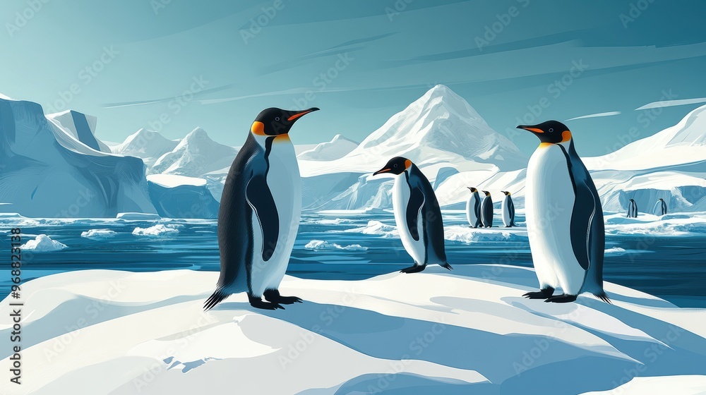 Fototapeta premium Frosty Encounter Penguins Roaming Icy Terrain