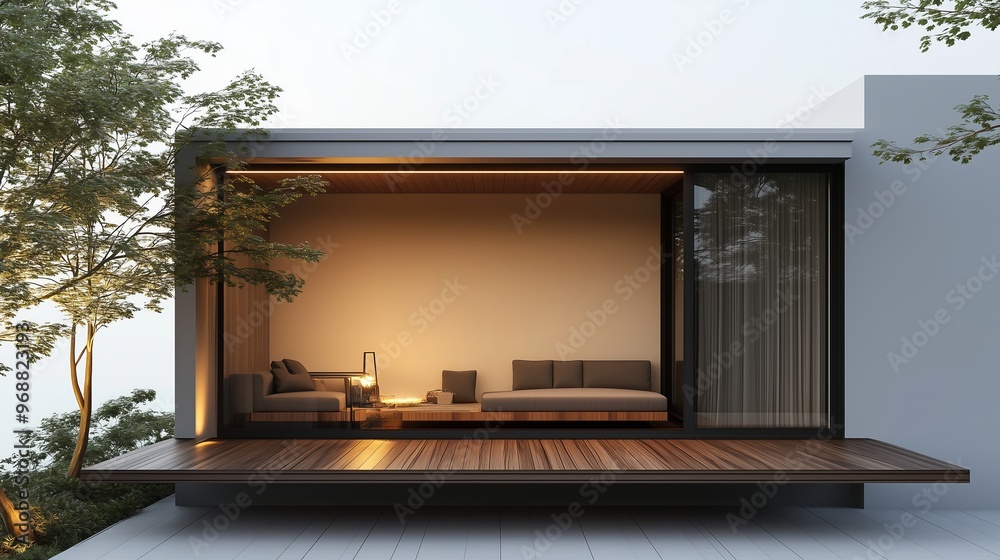Modern minimalistic house with wooden terrace at dusk.