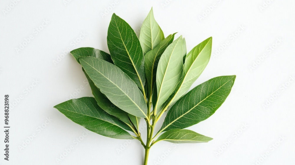 A cluster of fresh green bay leaves arranged on a light background. A cluster of fresh green bay leaves arranged on a light background.
