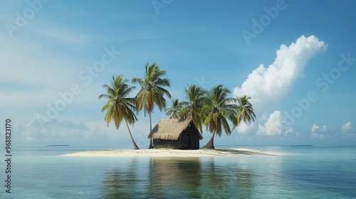 A Small Wooden Hut on a Tropical Island with Palm Trees