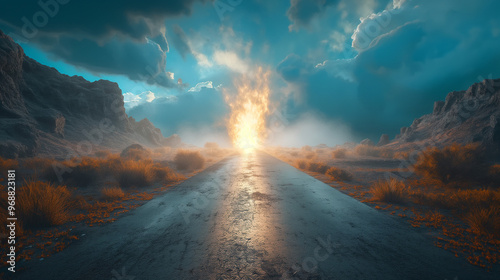 A deserted road leading to a portal in the sky, symbolizing a journey into the unknown