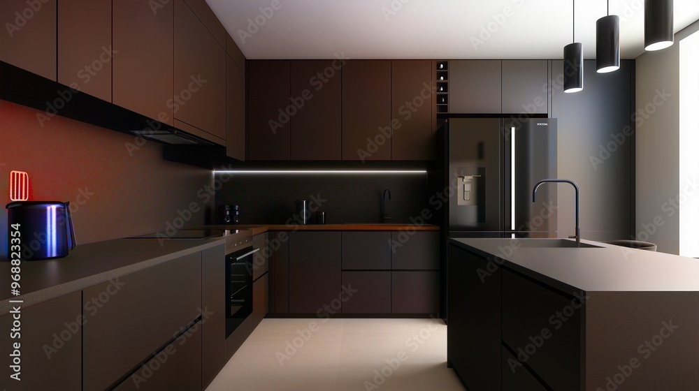 Modern dark kitchen interior with sleek design elements Modern dark kitchen interior with sleek design elements