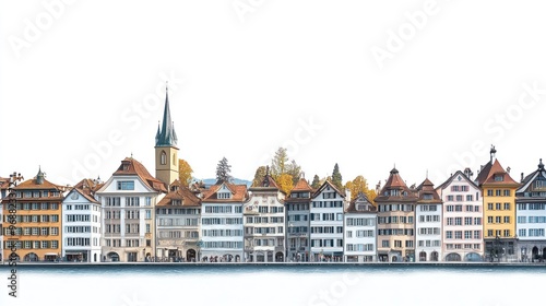 A picturesque lakeside view of charming, colorful buildings with a church steeple in the background.