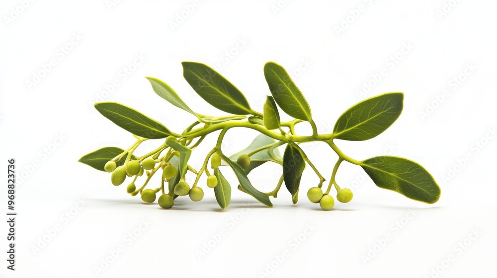 Obraz premium A branch with green leaves and small buds against a white background.