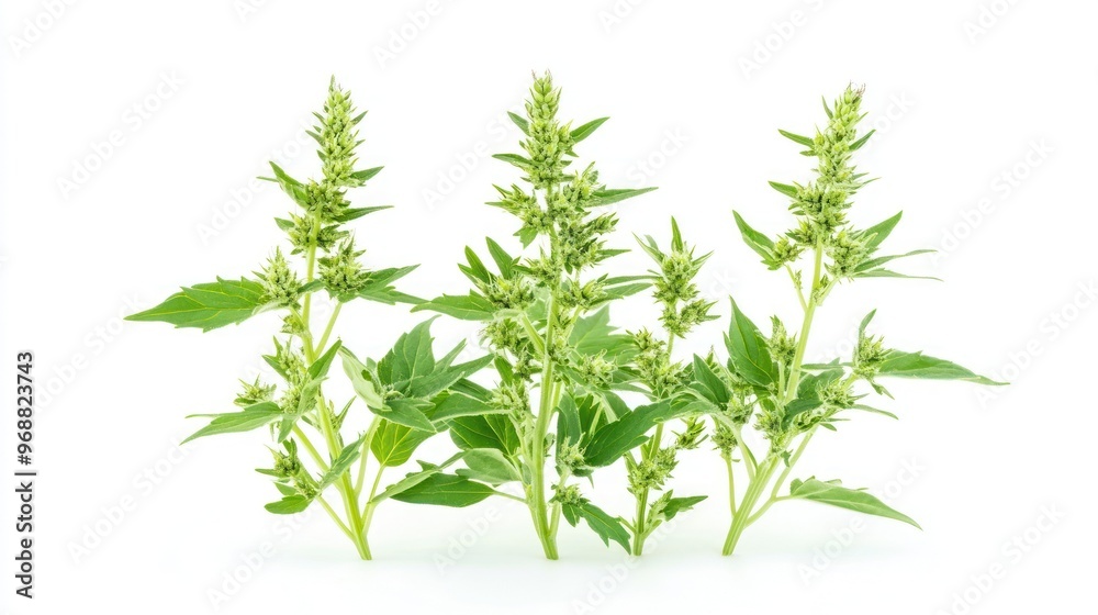 Fresh green plants with spiky flowers, commonly used in culinary dishes and herbal remedies. Fresh green plants with spiky flowers, commonly used in culinary dishes and herbal remedies.