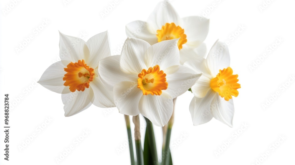 A bouquet of white daffodils with orange centers, symbolizing beauty and springtime. A bouquet of white daffodils with orange centers, symbolizing beauty and springtime.