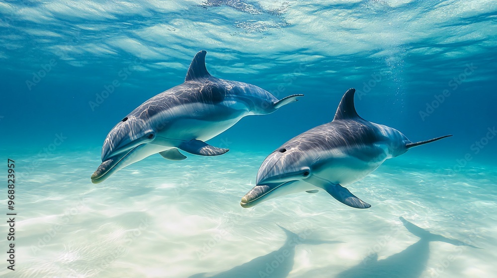 Two dolphins swimming in clear blue water with a sandy bottom, the sun shining above. Two dolphins swimming in clear blue water with a sandy bottom, the sun shining above.