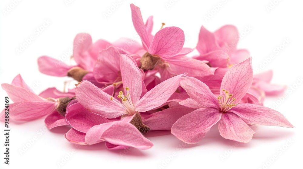 A collection of delicate pink flowers arranged aesthetically. A collection of delicate pink flowers arranged aesthetically.