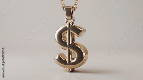 A realistic dollar sign pendant with shiny metallic texture on a clean white background.