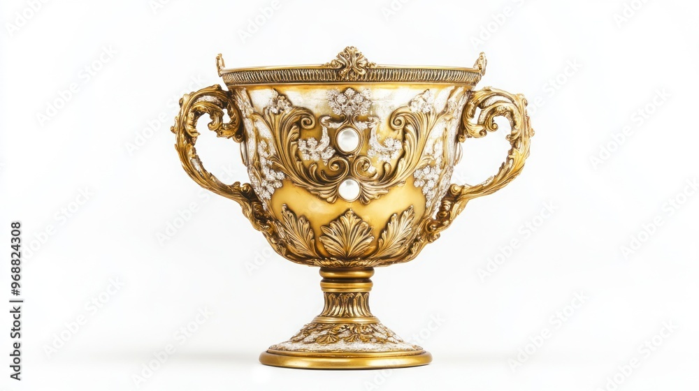 Ornate decorative cup with intricate designs and handles, likely for display or ceremonial use.