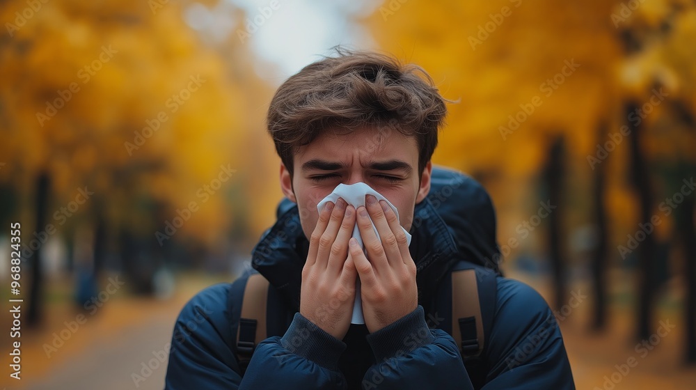 Close-up of someone sneezing in the autumn air surrounded by colorful fall leaves and trees due to seasonal allergies Close-up of someone sneezing in the autumn air surrounded by colorful fall leaves and trees due to seasonal allergies