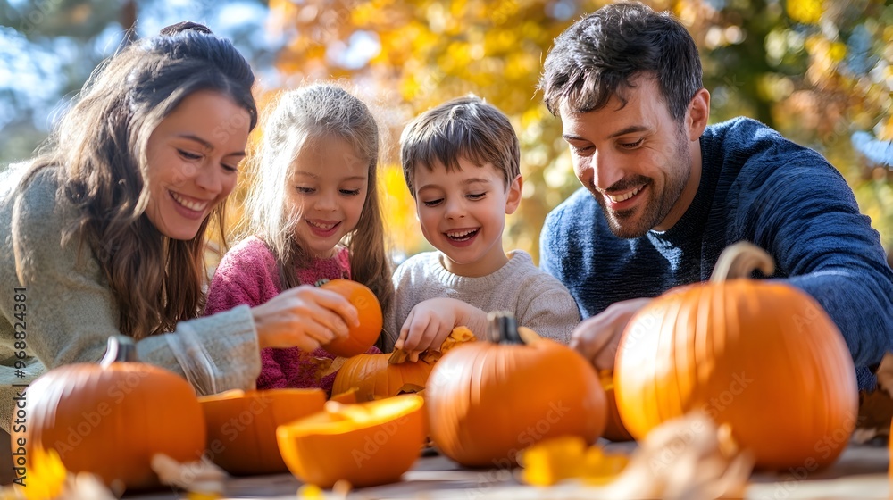 Family Bonding Through Pumpkin Carving on Autumn Afternoon Family Bonding Through Pumpkin Carving on Autumn Afternoon