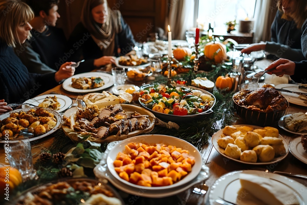 Obraz premium Family Gathered Around Beautifully Set Dining Table for Thanksgiving Feast and Festive Meal
