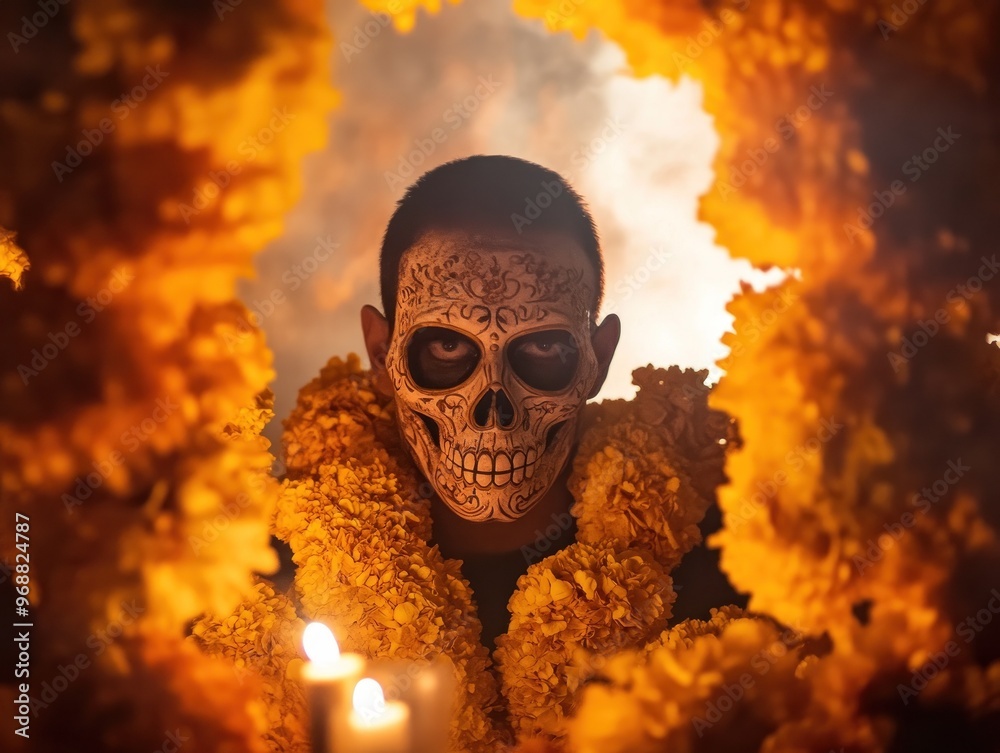 A person with a skull face paint surrounded by marigold flowers and candles in a mystical setting. A person with a skull face paint surrounded by marigold flowers and candles in a mystical setting.