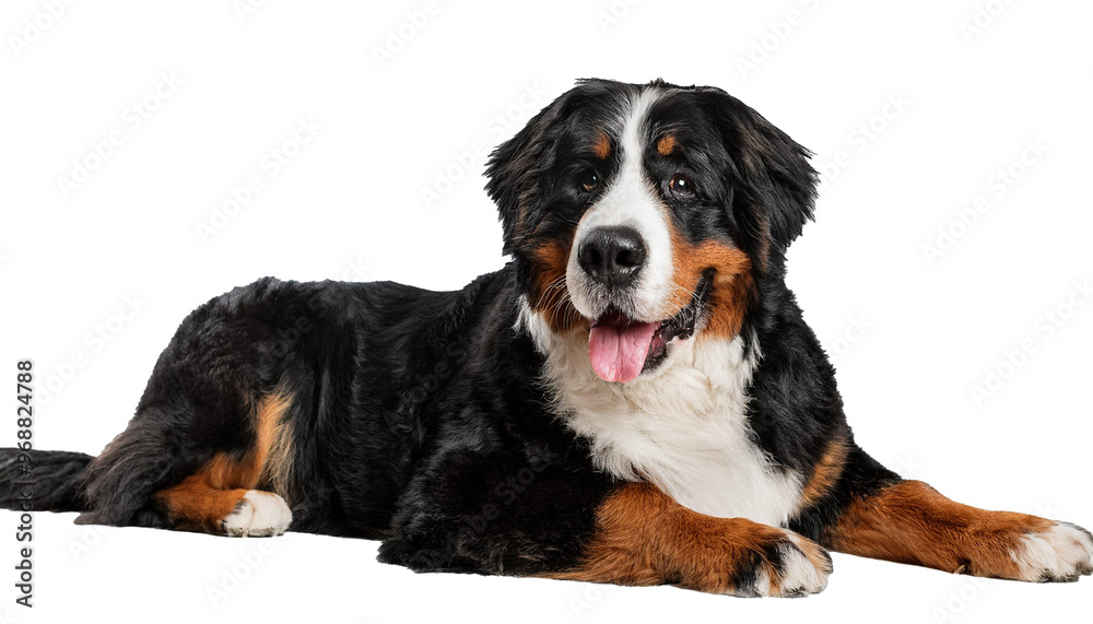 Bernese Mountain dog lying isolated on white background, cropping,transparent Bernese Mountain dog lying isolated on white background, cropping,transparent