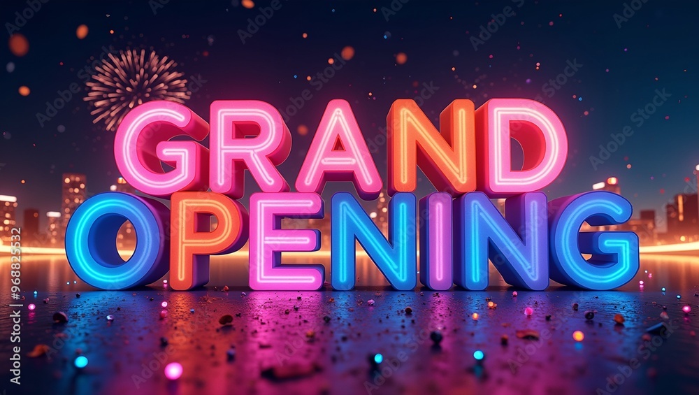 Vibrant GRAND OPENING in 3D letters fireworks and confetti against a cityscape under night sky Vibrant GRAND OPENING in 3D letters fireworks and confetti against a cityscape under night sky