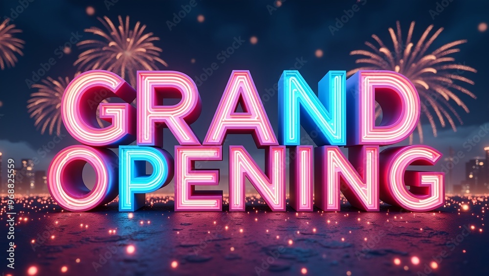 Vibrant GRAND OPENING in 3D letters fireworks and confetti against a cityscape under night sky Vibrant GRAND OPENING in 3D letters fireworks and confetti against a cityscape under night sky