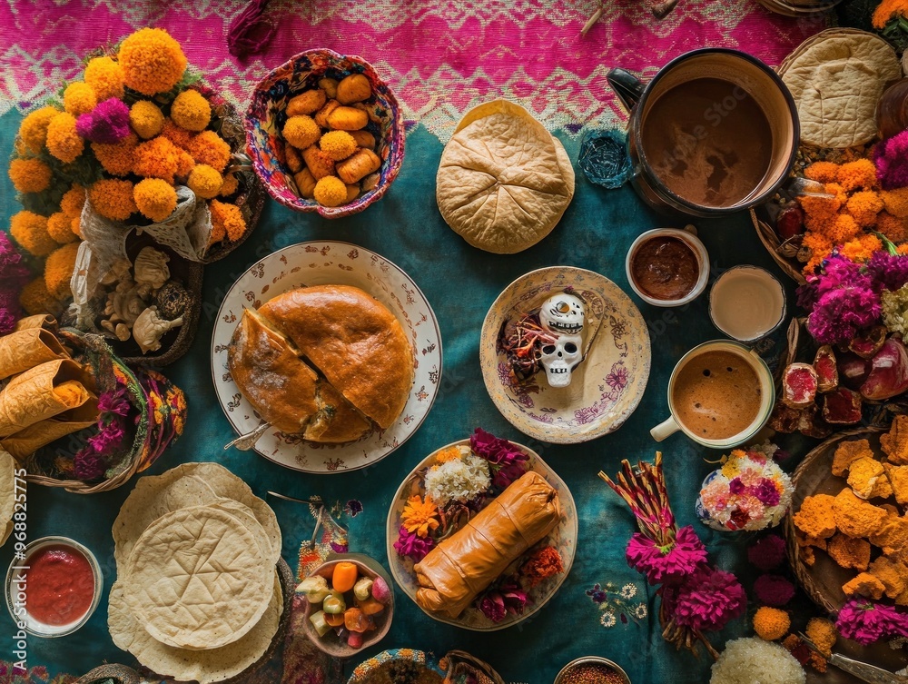 A vibrant spread of traditional foods and decorations for a festive celebration. A vibrant spread of traditional foods and decorations for a festive celebration.