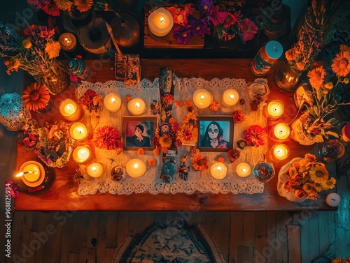 An altar adorned with candles, flowers, and photographs, honoring loved ones.