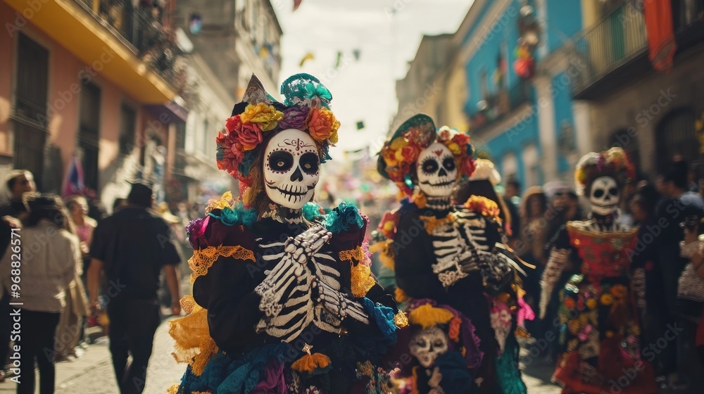 Colorful skeletons in festive attire celebrate D?a de los Muertos in a lively street scene. Colorful skeletons in festive attire celebrate D?a de los Muertos in a lively street scene.