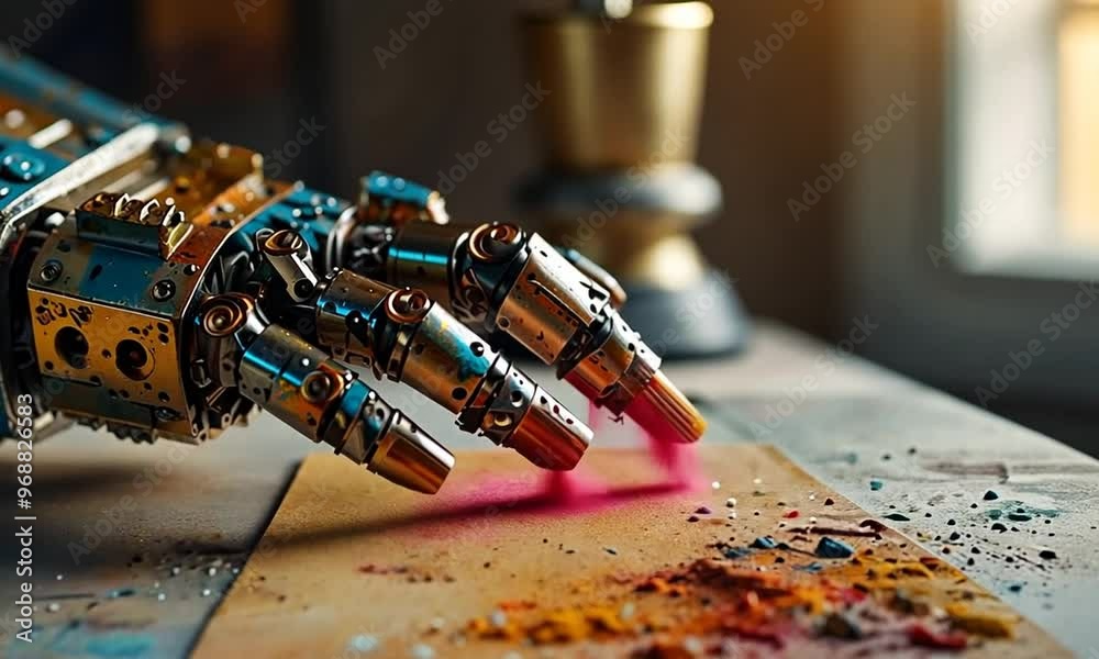 A robotic hand holding a paintbrush, delicately applying paint to a canvas in an artist’s studio