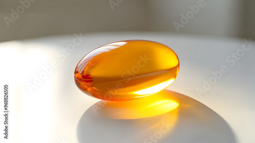  a glass fish oil capsule on a white surface