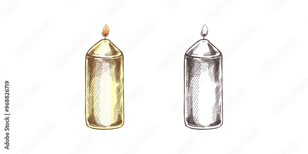 Hand drawn sketch of burning candle. Vector illustration of a vintage style. Halloween or Christmas drawing. Hand drawn sketch of burning candle. Vector illustration of a vintage style. Halloween or Christmas drawing.