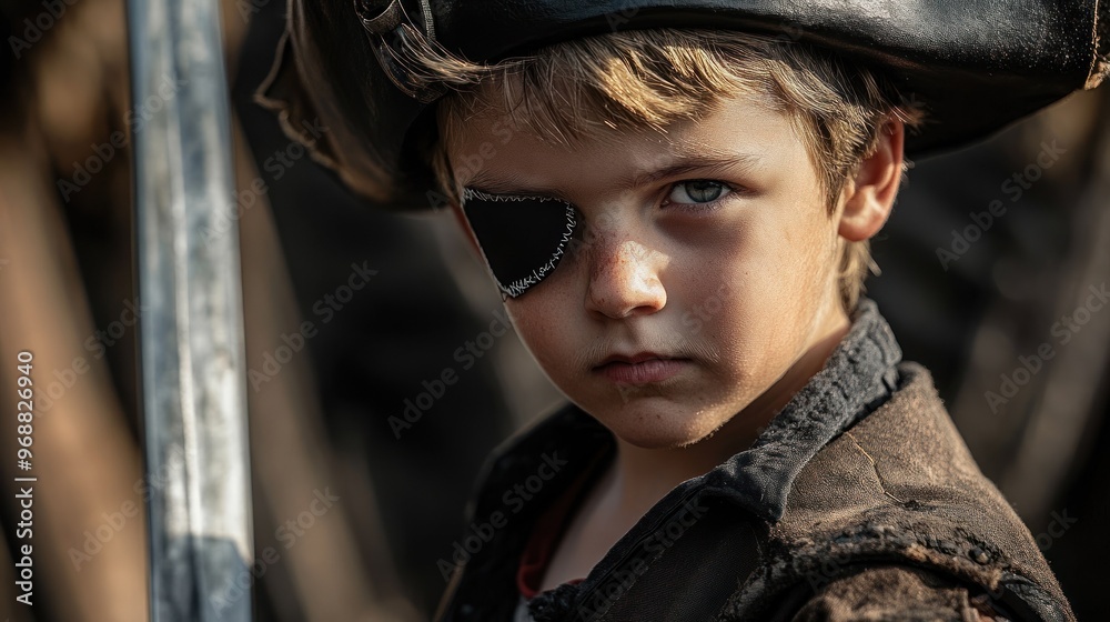 A young pirate with an eye patch and sword, embodying adventurous spirit and bravery. A young pirate with an eye patch and sword, embodying adventurous spirit and bravery.