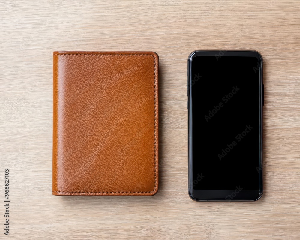 A branded leather wallet and smartphone displaying a digital wallet app side by side, Photorealistic, Bright, inviting lighting A branded leather wallet and smartphone displaying a digital wallet app side by side, Photorealistic, Bright, inviting lighting