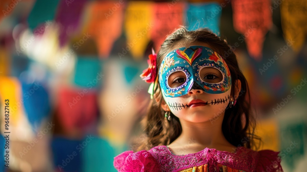 A young girl wearing a colorful sugar skull mask, celebrating a cultural festival. A young girl wearing a colorful sugar skull mask, celebrating a cultural festival.
