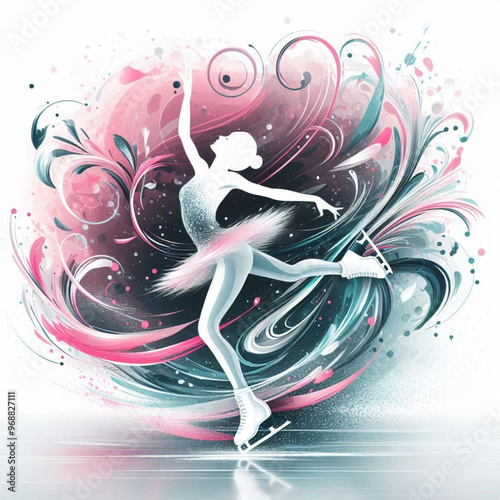 Dynamic figure skaters with swirling abstract colors and artistic effects