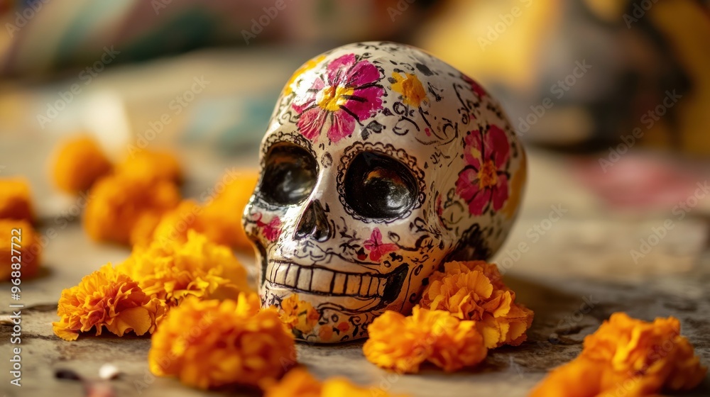 A decorative skull surrounded by vibrant marigold flowers, symbolizing D?a de los Muertos. A decorative skull surrounded by vibrant marigold flowers, symbolizing D?a de los Muertos.