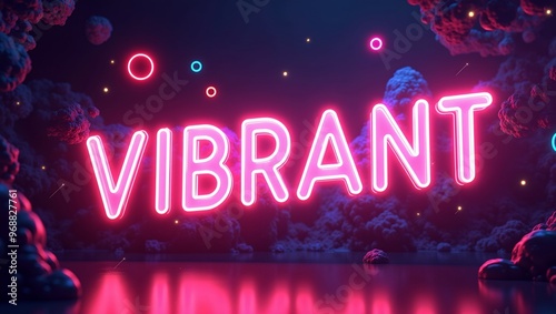 Neon VIBRANT letters with pulsating lights amid digital shapes lasers in dynamic setting