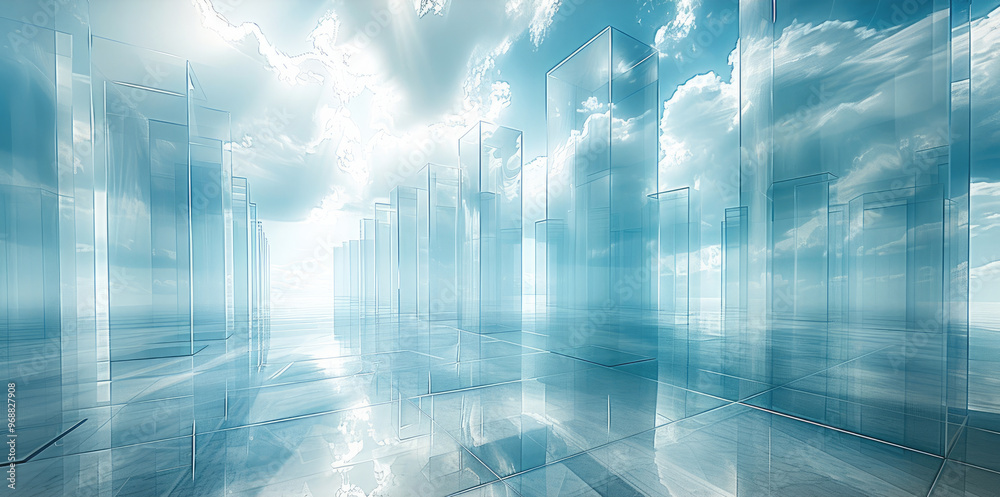 Combined with the sense of the ancient and the future, glass material, transparent, light blue, white, light gold, a beam of light. Generative AI. Combined with the sense of the ancient and the future, glass material, transparent, light blue, white, light gold, a beam of light. Generative AI.