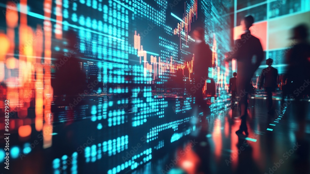 Silhouettes of People Walking in Front of a Wall of Data