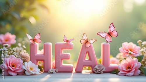 3D HEAL word in pastel letters with digital flowers and butterflies in serene garden setting