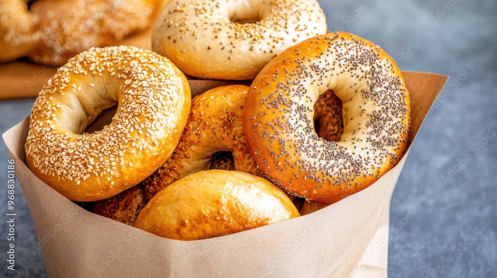 A bag of assorted sesame seeded bagels in a paper basket, AI A bag of assorted sesame seeded bagels in a paper basket, AI