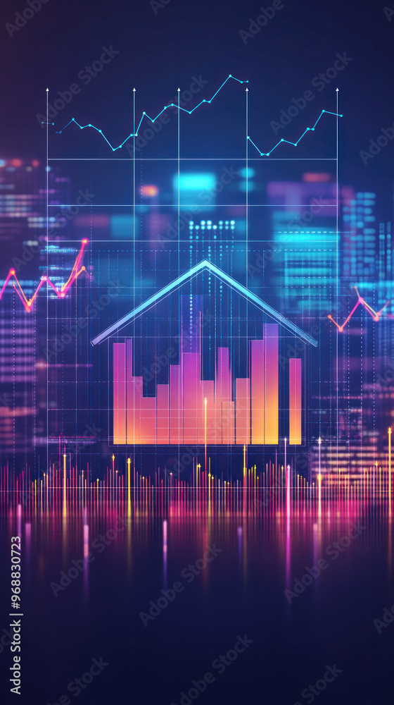 A colorful cityscape with a house in the middle. The house is surrounded by a series of colorful lines and shapes, which represent the city's skyline. Scene is vibrant and energetic A colorful cityscape with a house in the middle. The house is surrounded by a series of colorful lines and shapes, which represent the city's skyline. Scene is vibrant and energetic