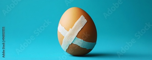 Egg with band-aid on blue background