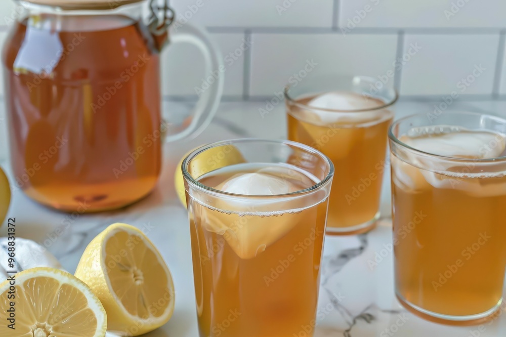 Refreshing iced tea served in glasses with lemon slices, perfect for hot summer days and gatherings. Refreshing iced tea served in glasses with lemon slices, perfect for hot summer days and gatherings.