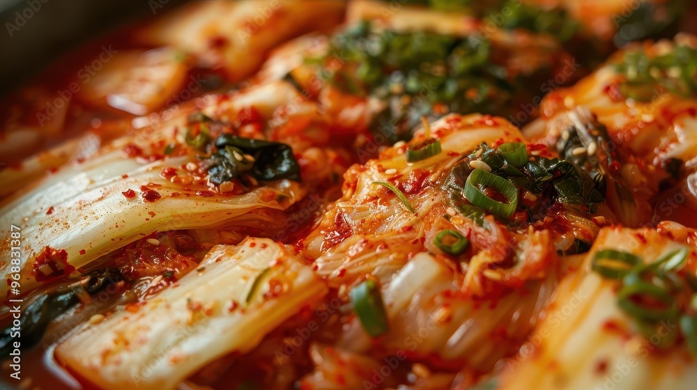 Kimchi, Delicious close-up of spicy fermented vegetable dish with vibrant red sauce and fresh green herbs, perfect for food photography. Kimchi, Delicious close-up of spicy fermented vegetable dish with vibrant red sauce and fresh green herbs, perfect for food photography.
