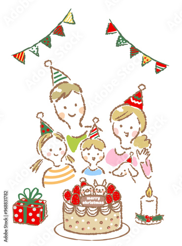 クリスマスを祝う笑顔の4人家族の手描きイラスト