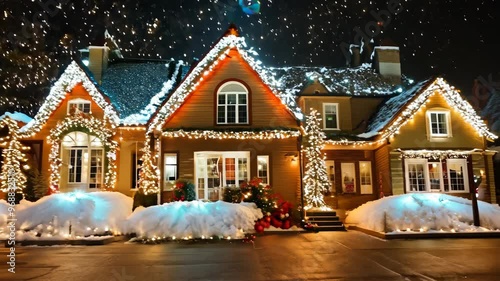 A street of brightly lit houses, each adorned with extravagant Christmas lights and decorations under cinematic lighting.