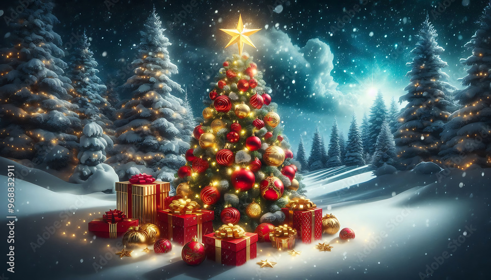 Obraz premium A beautifully decorated christmas tree adorned with red and gold ornaments and topped with a bright star stands in a snowy landscape