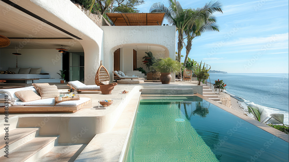 Fototapeta premium Interior of home by the pool, beach, and ocean. Generative AI.
