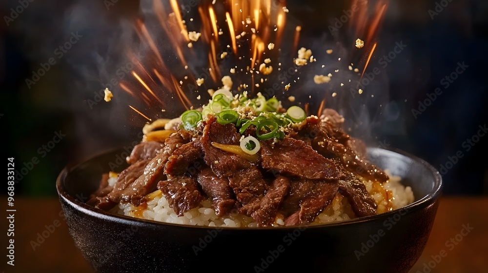 Fototapeta premium Explosive Beef Rice Bowl Burst with Savory Japanese Gyudon