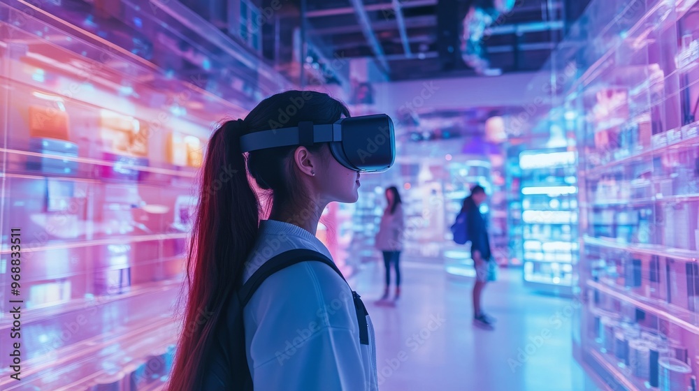 AI-driven virtual shopping malls offering immersive retail experiences: Shoppers navigating a virtual world, trying products through augmented reality. AI-driven virtual shopping malls offering immersive retail experiences: Shoppers navigating a virtual world, trying products through augmented reality.