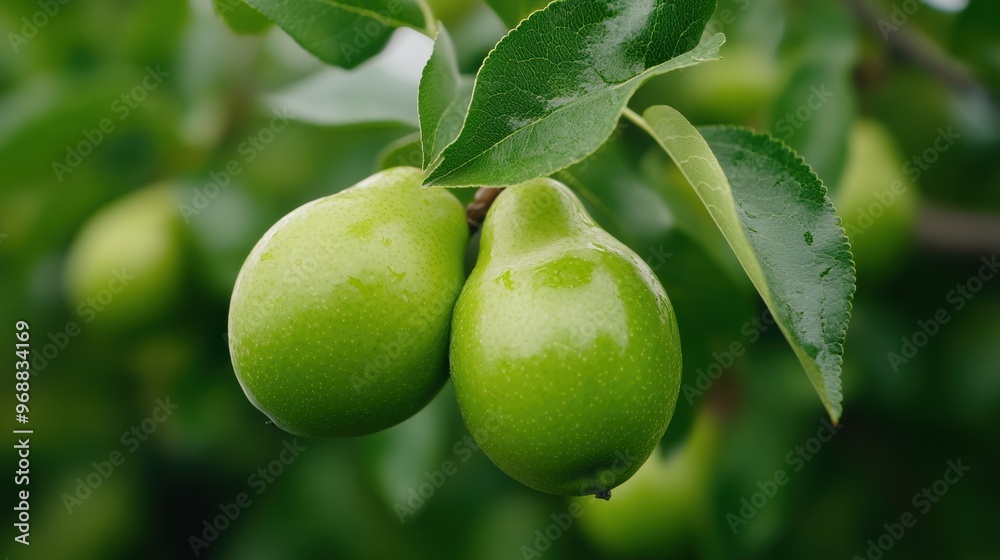 Two green apples hanging from a tree branch with leaves, AI Two green apples hanging from a tree branch with leaves, AI