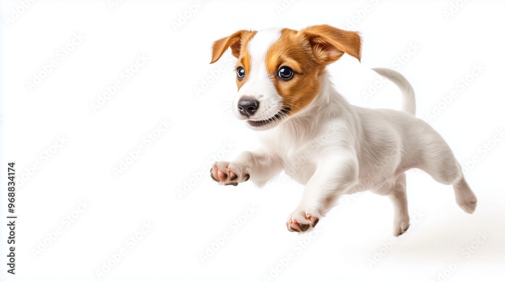 Portrait of cute playful puppy of Jack Russell Terrier in motion, jumping isolated over white studio background. Concept of motion, beauty, vet, breed, pets, animal life. Copy space for ad Portrait of cute playful puppy of Jack Russell Terrier in motion, jumping isolated over white studio background. Concept of motion, beauty, vet, breed, pets, animal life. Copy space for ad